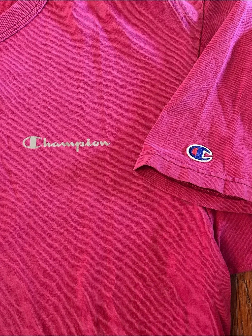 Vintage ‘90s Champion Essential Spellout Faded Red Cotton Crewneck T-shirt XL - Picture 5 of 9
